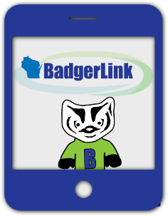 BadgerLink logo above Bucky Badger mascot, shown within a tablet screen, showcasing digital resource access and educational support.