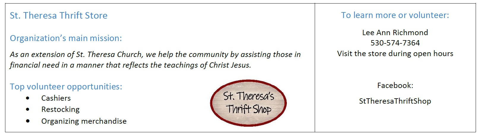 Volunteer opportunities at St. Theresa's Thrift Shop