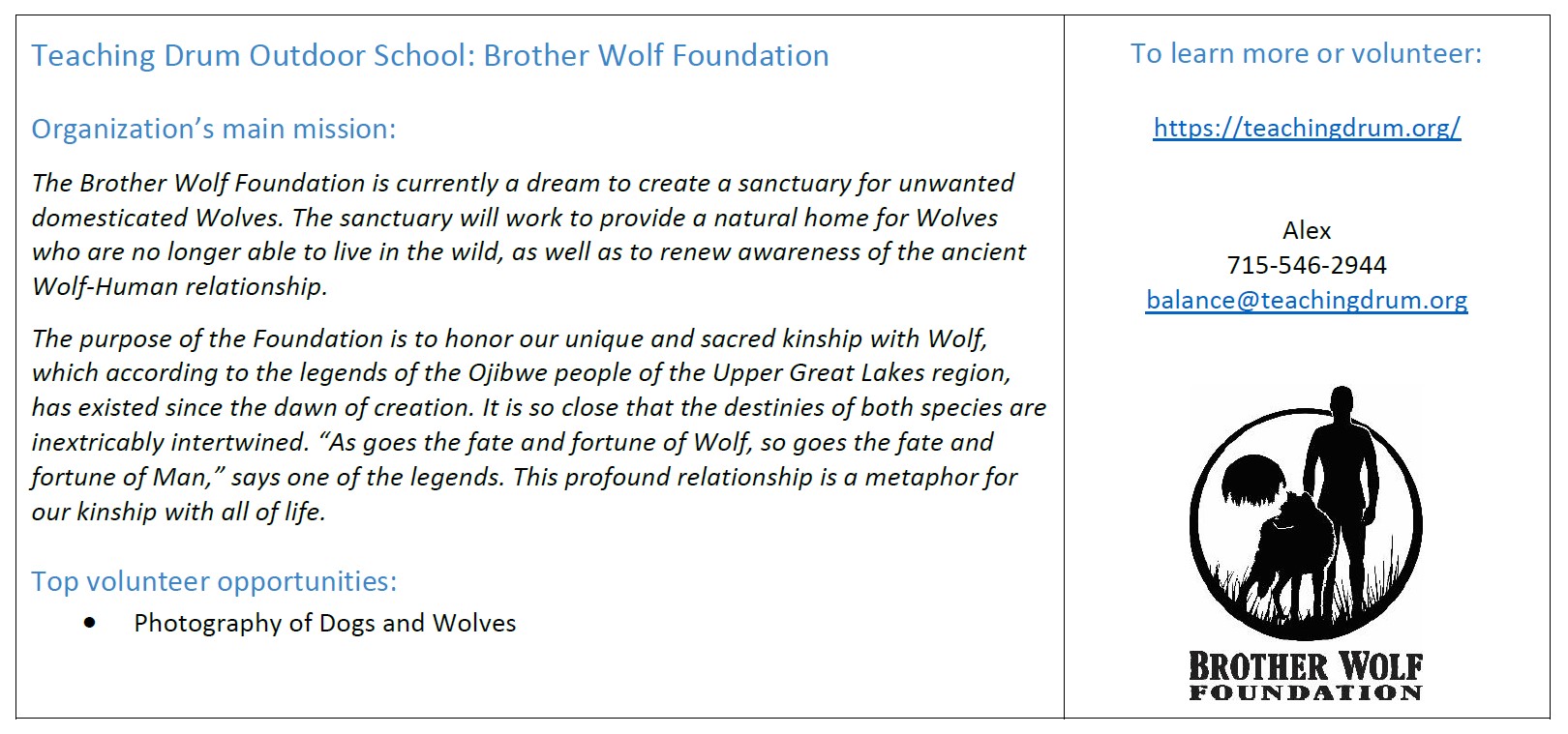 Volunteer opportunities at Brother Wolf Foundation