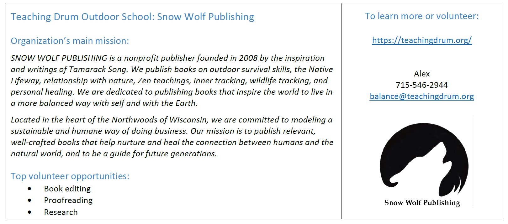 Volunteer opportunities at Snow Wolf Publishing