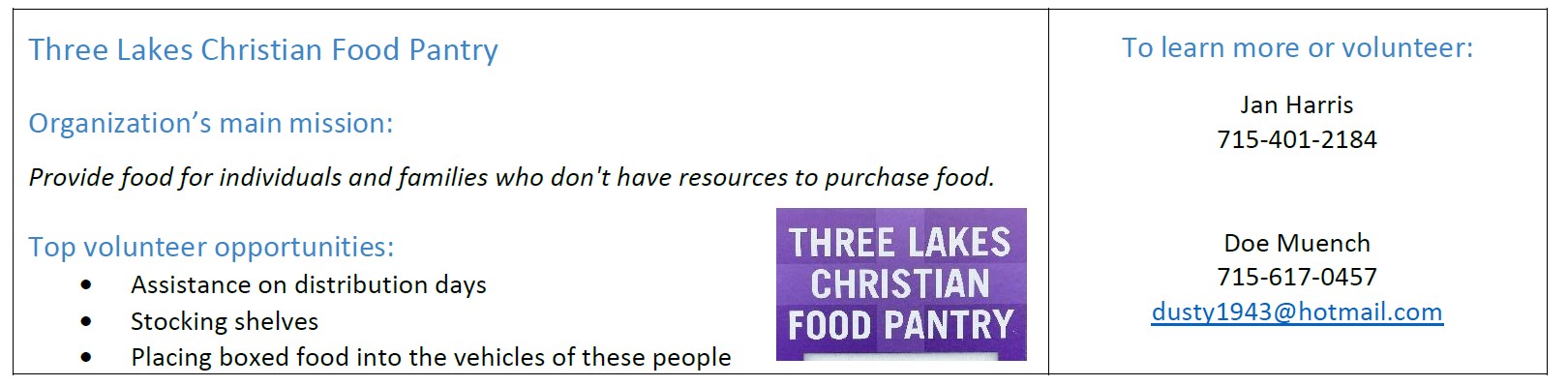 Volunteer opportunities at the Three Lakes Christian Food Pantry