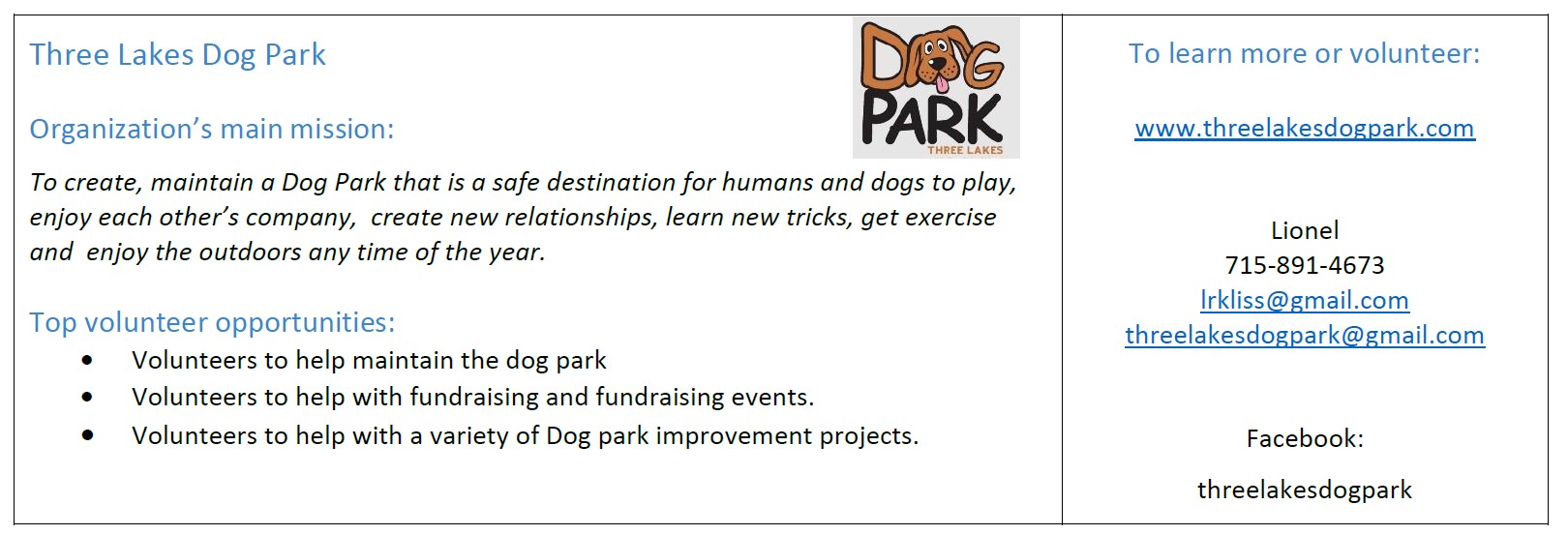 Volunteer opportunities at the Three Lakes Dog Park