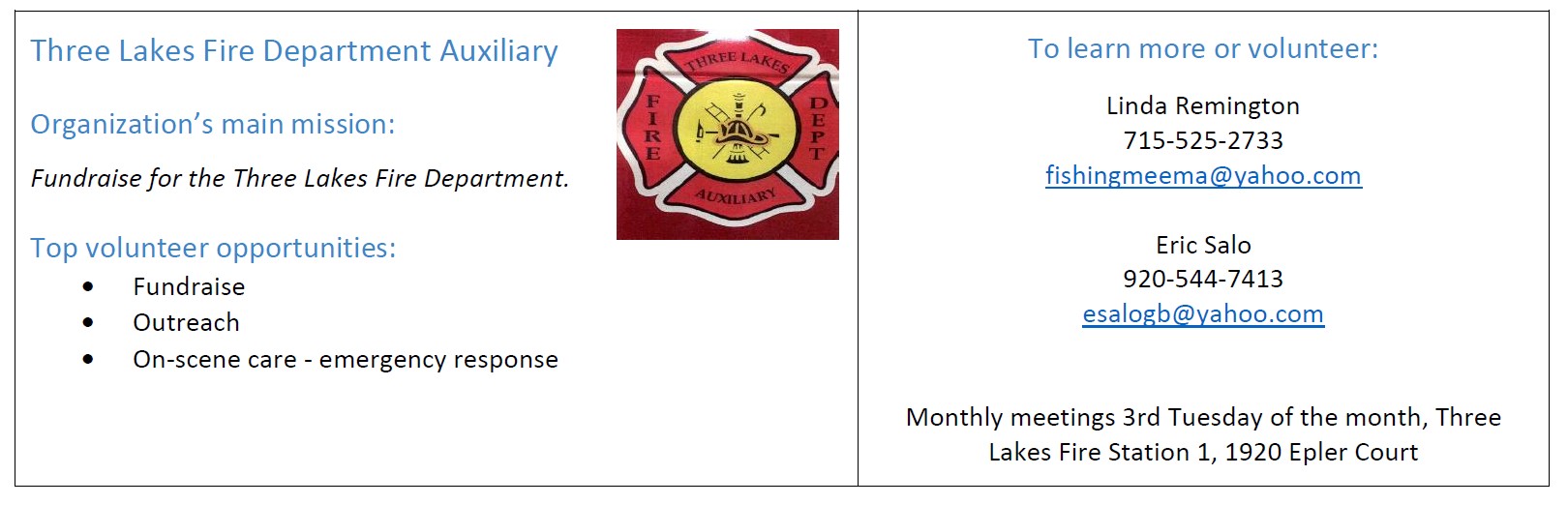 Volunteer opportunities at the Three Lakes Fire Department Auxiliary