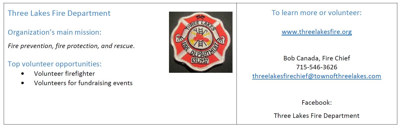 Volunteer opportunities at the Three Lakes Fire Department