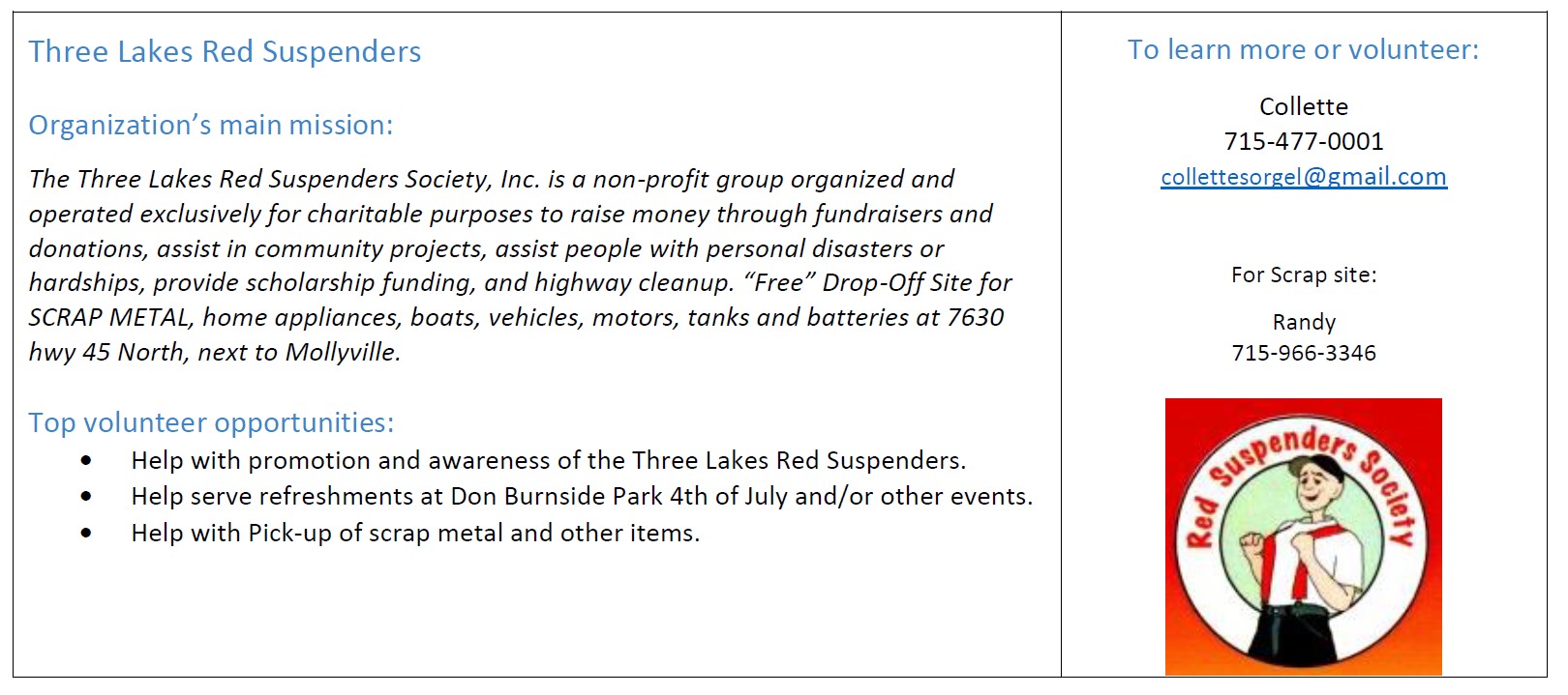 Volunteer opportunities with the Three Lakes Red Suspenders
