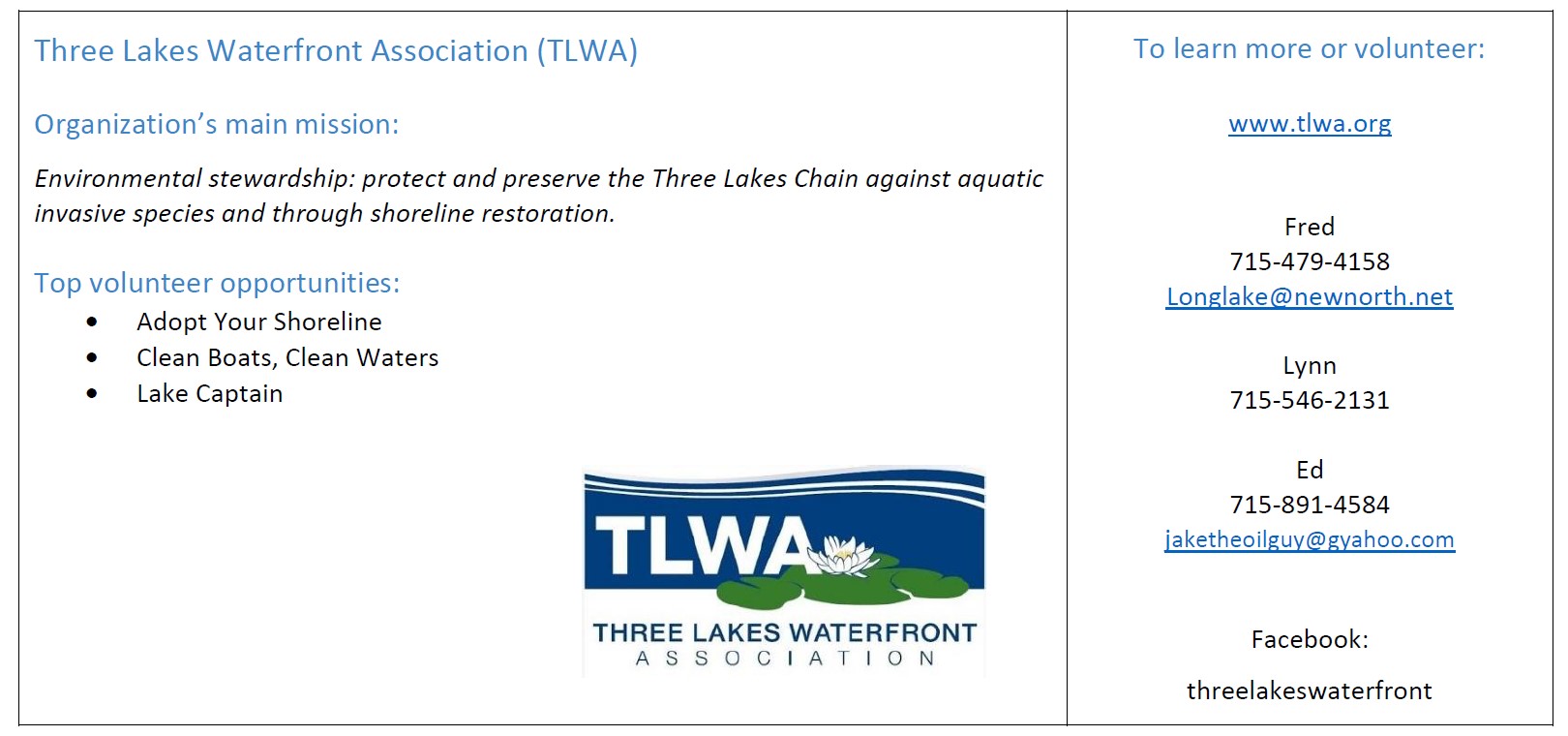 Volunteer opportunities with the Three Lakes Waterfront Association