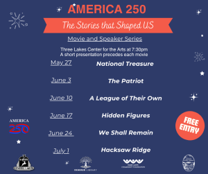 Blue Background, red text America 250 , The Stories that Shaped us Movie Series